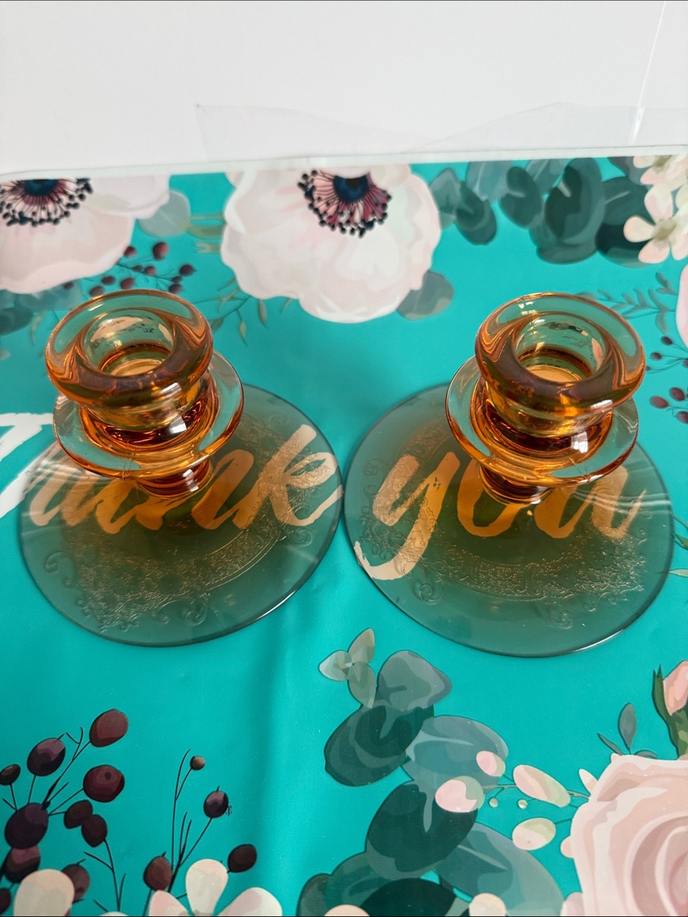 Source Unknown Amber Glass Candlestick Holders - Pair